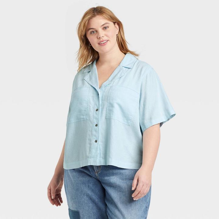 Women's Plus Size Short Sleeve Button-down Shirt - Universal Thread Blue