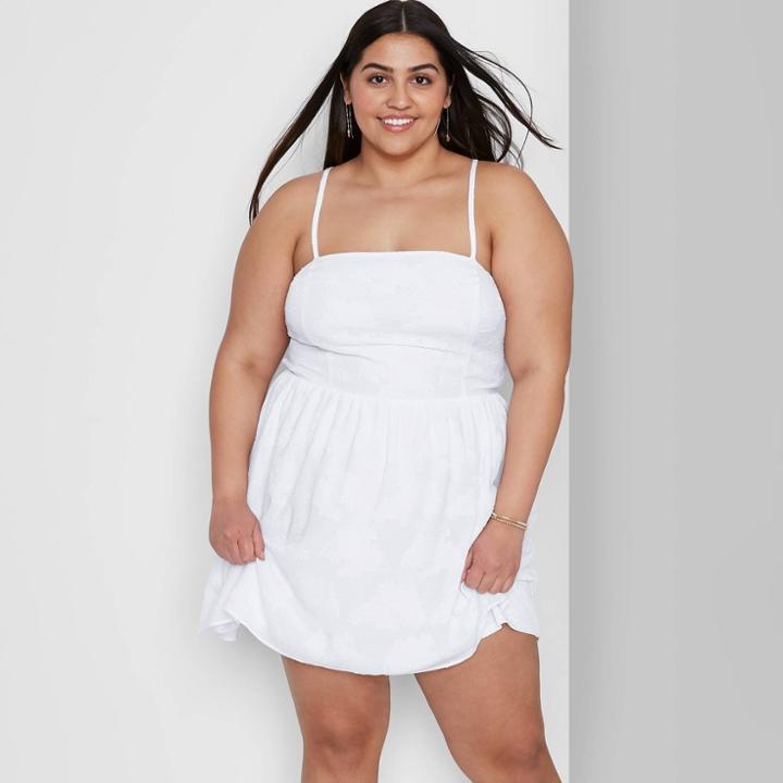 Women's Plus Size Sleeveless Square Neck Open Back Jacquard Skater Dress - Wild Fable White Floral