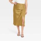 Women's Plus Size Ruched Satin Midi Slip Skirt - A New Day Olive Green