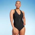 Women's V-neck Zip-front Faux Leather Accent One Piece Swimsuit - Aqua Green Black