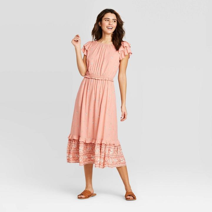 Women's Floral Print Short Sleeve Midi Ruffle Dress - Universal Thread Rust Xs, Women's, Red