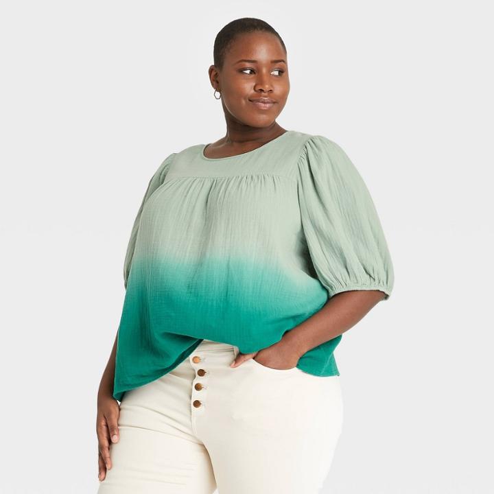 Women's Plus Size Dip-dye Puff Short Sleeve Gauze Blouse - Universal Thread Green
