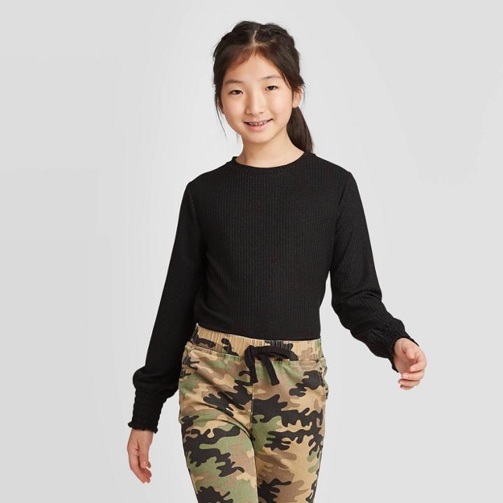 Girls' Long Sleeve Metallic Knit Top - Art Class Black S, Girl's,