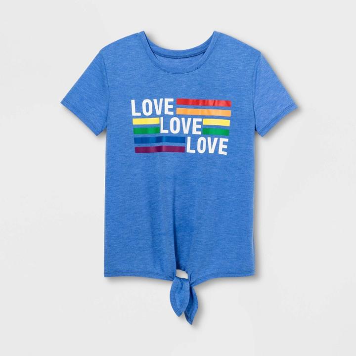 Well Worn Pride Adult Short Sleeve Love Tie Front Gender Inclusive T-shirt - Light Blue Heather