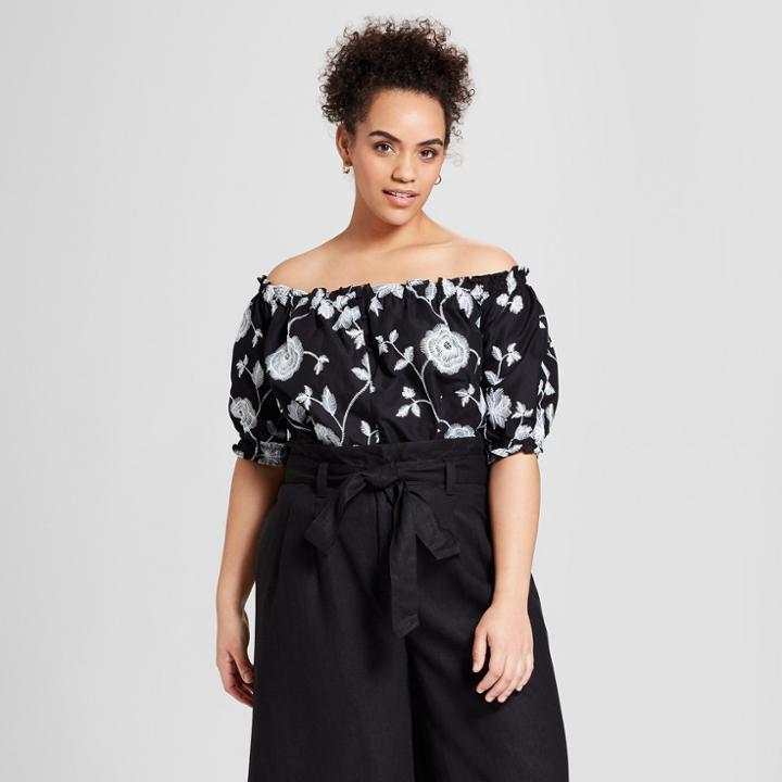 Women's Plus Size Short Sleeve Embroidered Bardot Top - Who What Wear Black/white