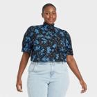 Women's Plus Size Floral Print Puff Elbow Sleeve Ruffle Detail Top - Who What Wear Jet Black