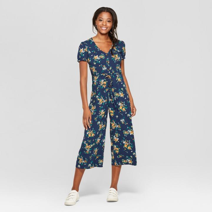 Women's Short Sleeve Button Front Tie Back Cropped Jumpsuit - Xhilaration Navy (blue) Floral