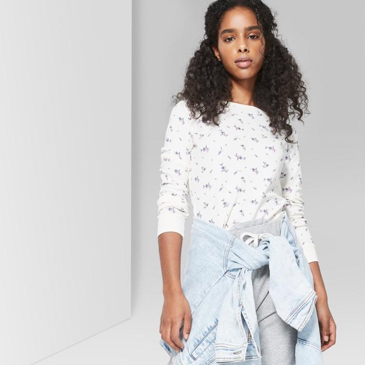 Women's Floral Print Long Sleeve Thermal Little Crew T-shirt - Wild Fable Cream