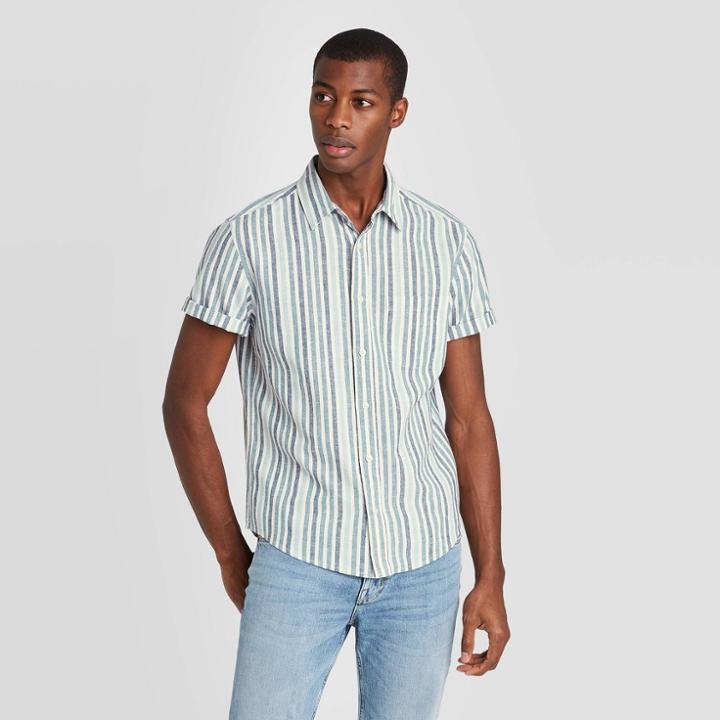 Men's Striped Standard Fit Short Sleeve Button-down Camp Shirt - Goodfellow & Co Blue
