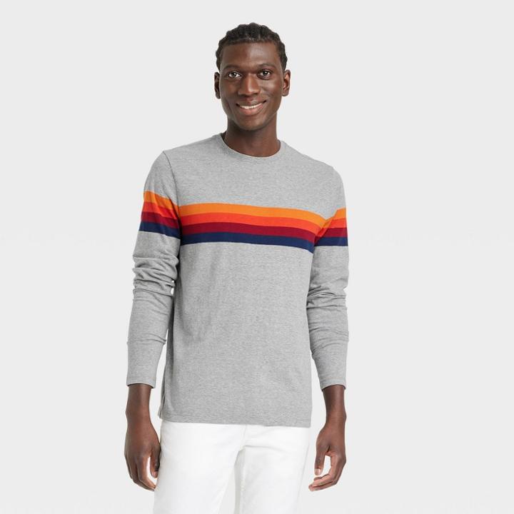 Men's Long Sleeve Striped Lyndale T-shirt - Goodfellow & Co Gray