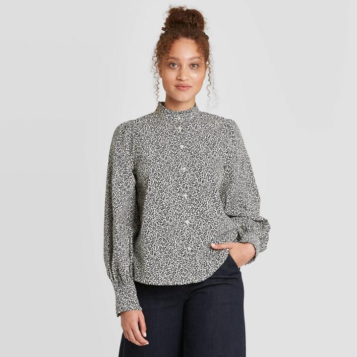Women's Leaf Print Ruffle Long Sleeve Button-down Blouse - A New Day Black/white