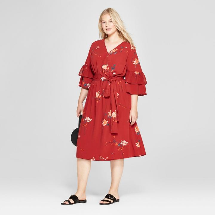 Women's Plus Size Floral Print Ruffle Sleeve Wrap Midi Dress - Ava & Viv Red