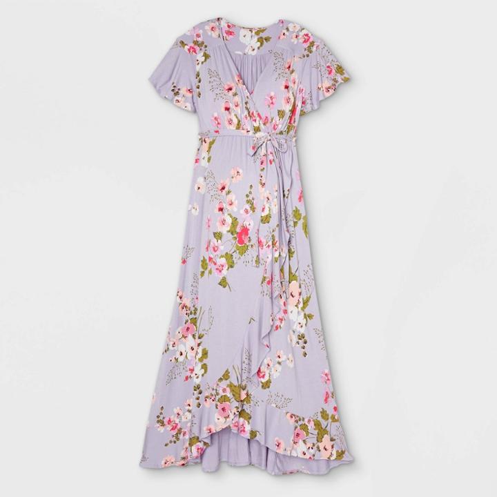 Floral Print Flutter Short Sleeve Knit Wrap Maternity Dress - Isabel Maternity By Ingrid & Isabel Violet