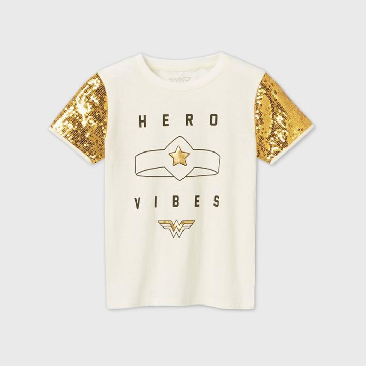 Girls' Short Sleeve Dc Comics Wonder Woman 'hero Vibes' T-shirt - Ivory