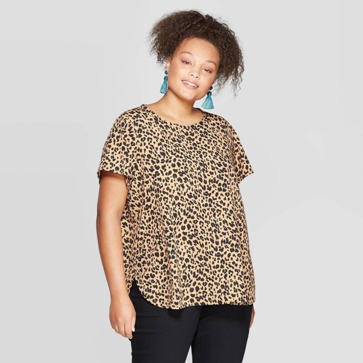 Women's Plus Size Animal Print Short Sleeve Crewneck Top - Ava & Viv Brown