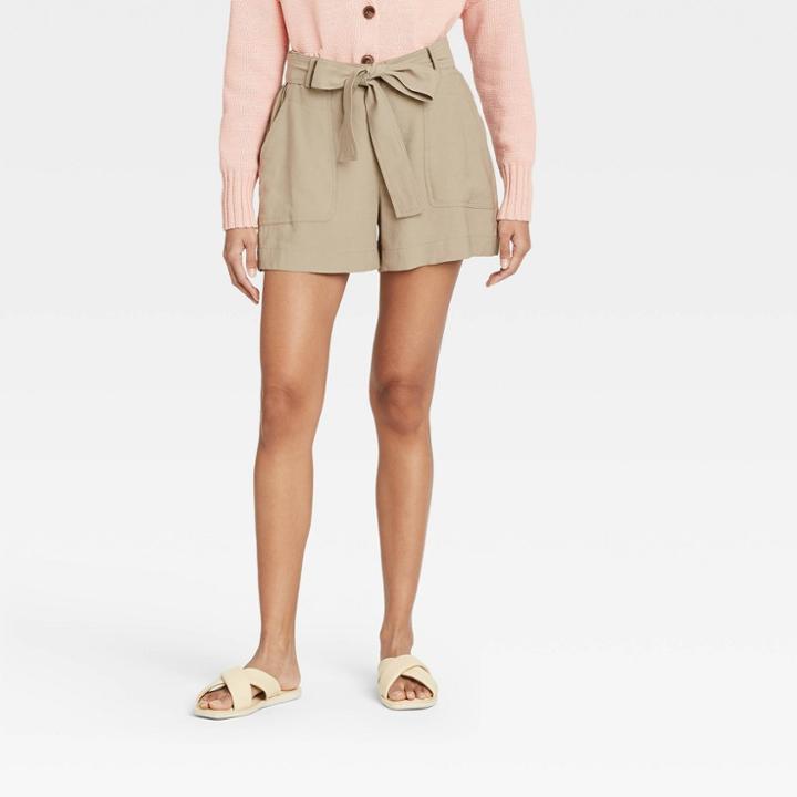Women's High-rise Tie Waist Shorts - A New Day Brown