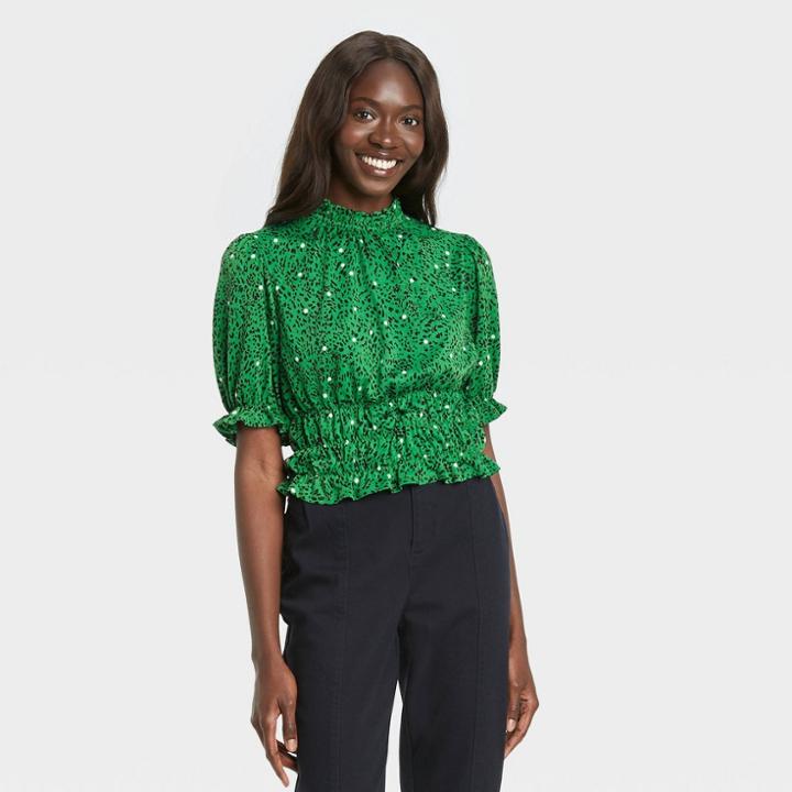 Women's Ruffle Elbow Sleeve High Neck T-shirt - Who What Wear Green Polka Dot