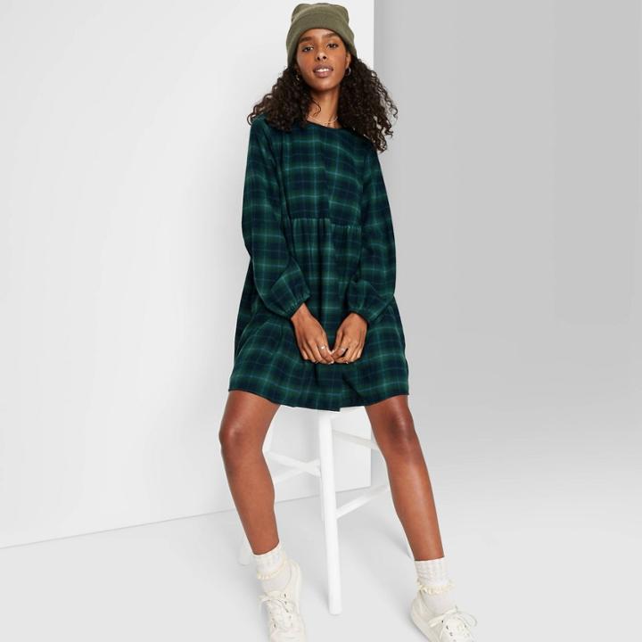 Women's Plaid Long Sleeve Woven Babydoll Dress - Wild Fable Green