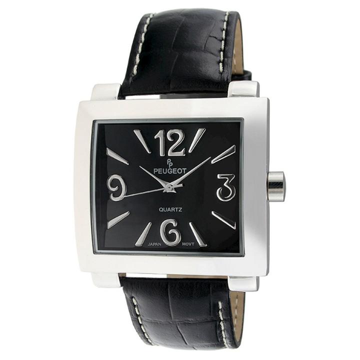 Peugeot Watches Women's Peugeot Oversize Rectangle Leather Strap Watch-silver/black