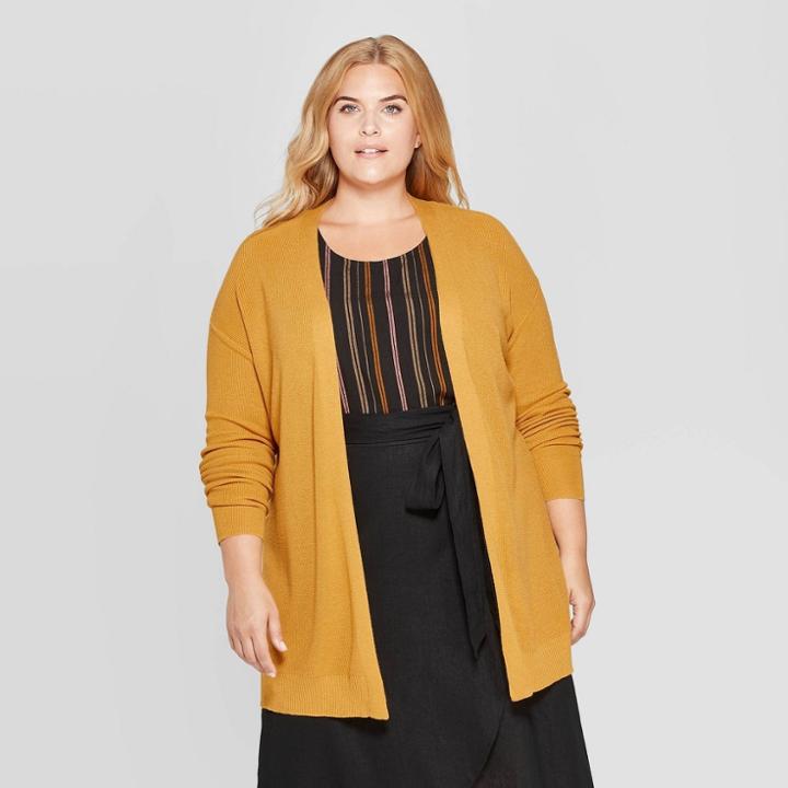 Women's Plus Size Long Sleeve Open Layering Lightweight Cardigan - Ava & Viv Gold