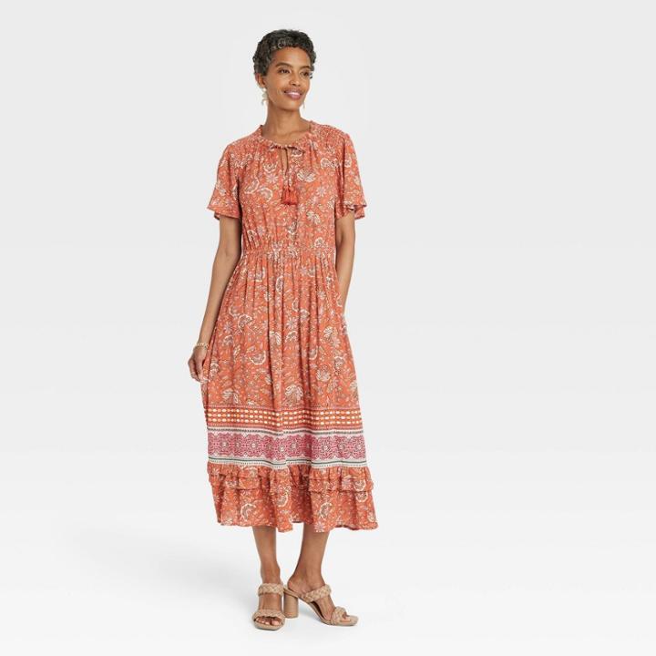 Women's Flutter Short Sleeve Smocked Dress - Knox Rose Light Brown Floral