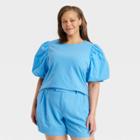 Women's Plus Size Puff Short Sleeve T-shirt - A New Day Blue