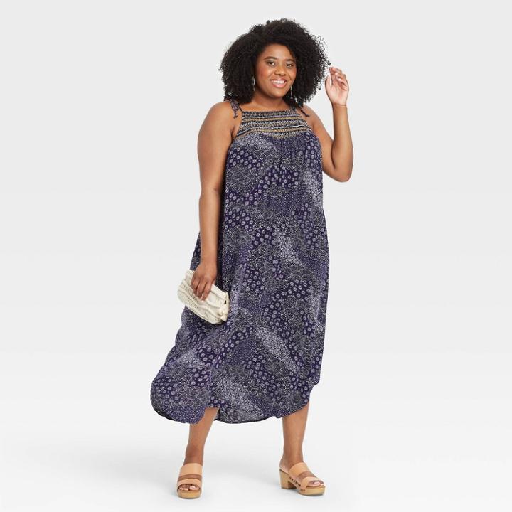 Women's Plus Size Sleeveless Tie-strap Smocked Dress - Knox Rose Navy Multi Burst 1x, Blue
