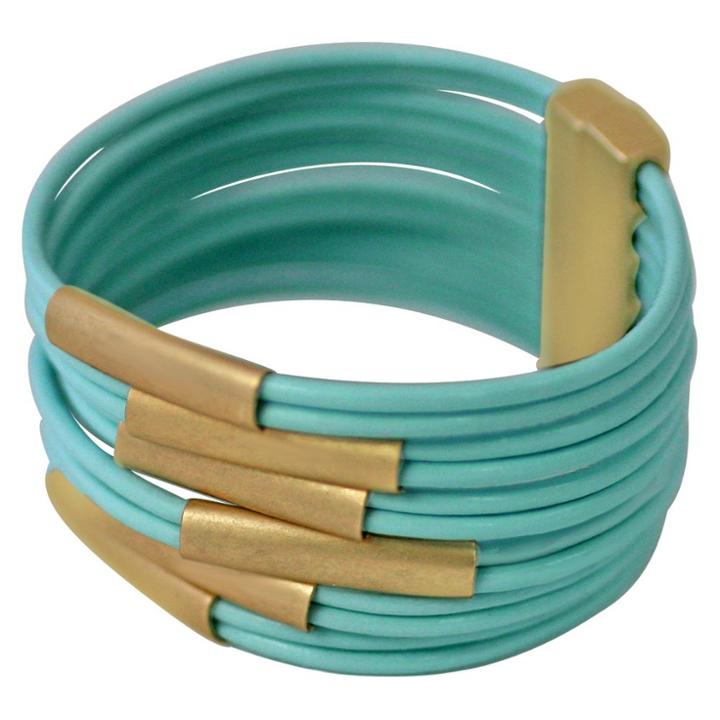 Zirconmania Zirconite Multi-strand Genuine Leather Cuff Bracelet With Tube Bars - Gold/mint Green