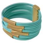Zirconmania Zirconite Multi-strand Genuine Leather Cuff Bracelet With Tube Bars - Gold/mint Green