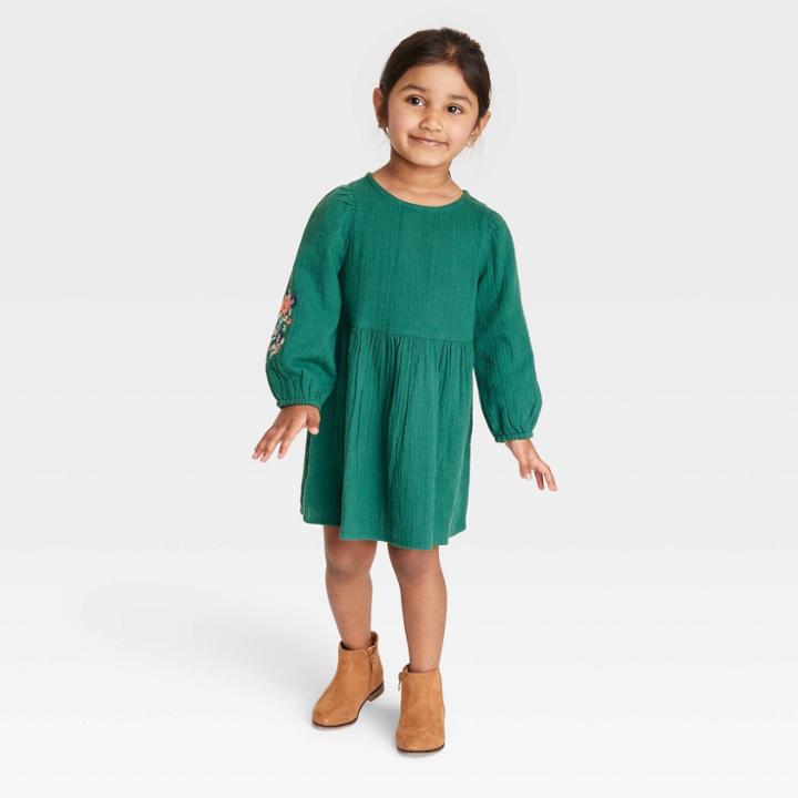 Toddler Girls' Long Sleeve Dress - Cat & Jack Dark Teal Green