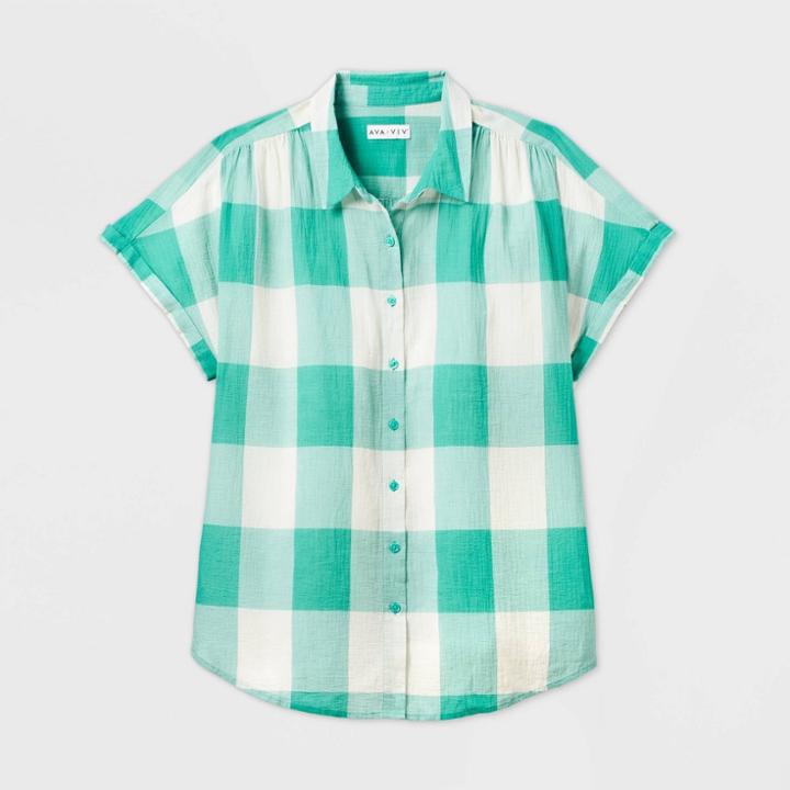 Women's Plus Size Gingham Short Sleeve Collared Blouse - Ava & Viv Green