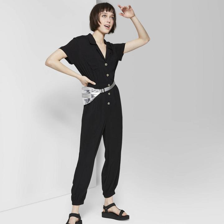 Women's Short Sleeve V-neck Button Front Utility Wide Leg Jumpsuit - Wild Fable Black
