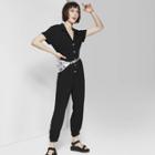 Women's Short Sleeve V-neck Button Front Utility Wide Leg Jumpsuit - Wild Fable Black