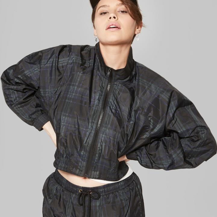 Women's Plaid Zip-up Windbreaker Jacket - Wild Fable Black