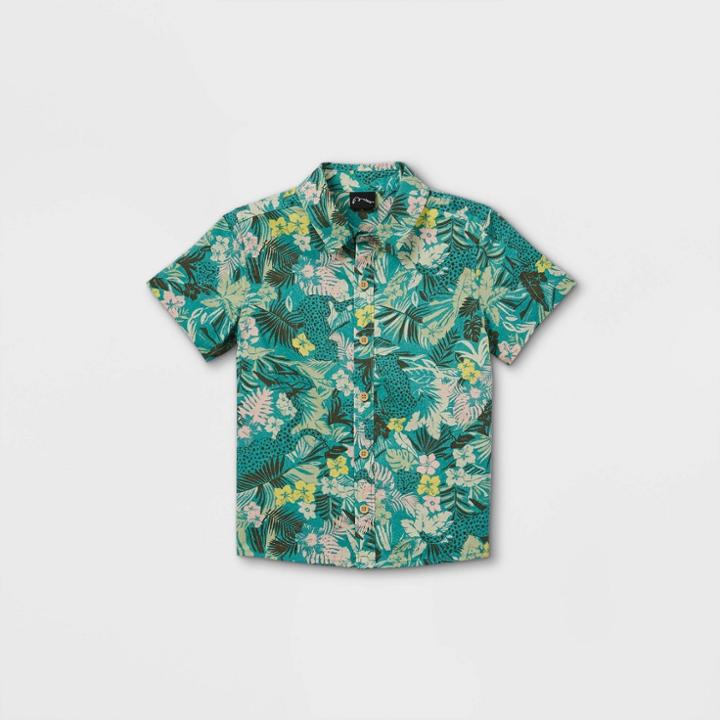 Toddler Boys' Tropical Floral Short Sleeve Button-down Shirt - Art Class Teal