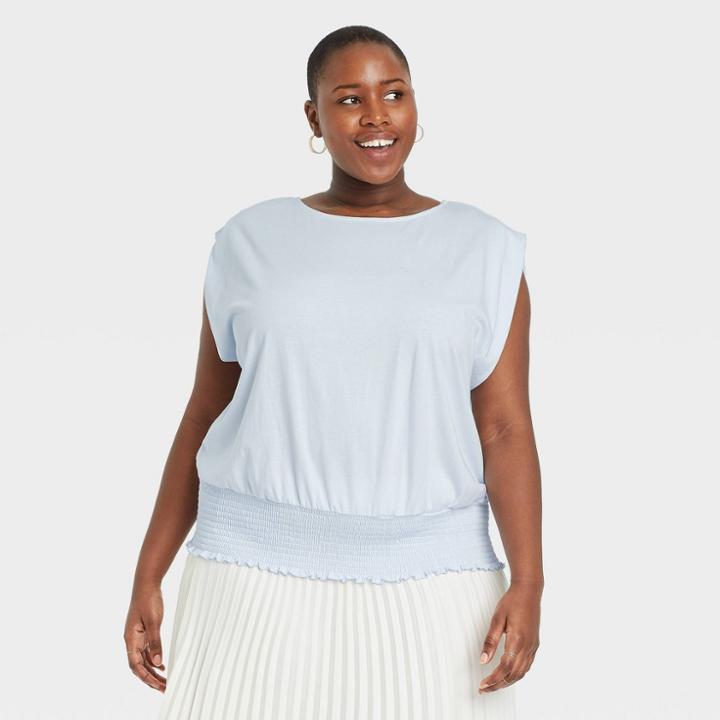 Women's Plus Size Short Sleeve Boat Neck Smocked Hem T-shirt - A New Day