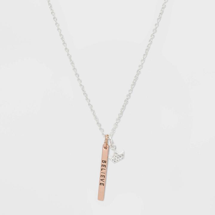 Disney Princess And Believe Bar Two Tone Necklace - Silver, Women's, Pink