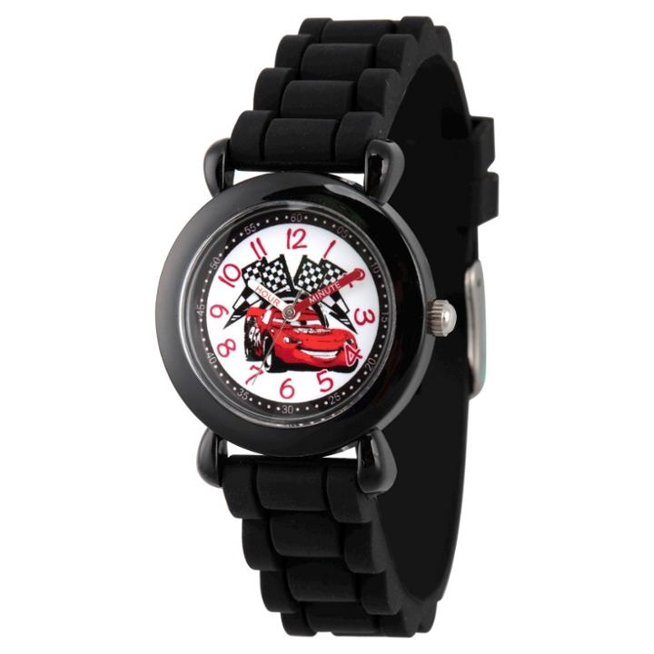 Boys' Disney Cars Lightning Mcqueen Black Plastic Time Teacher Watch, Black Silicone Strap, Wds000150
