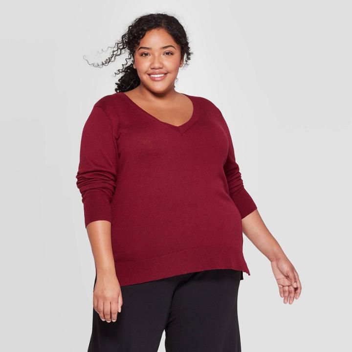 Women's Plus Size V-neck Pullover Sweater - Ava & Viv Burgundy X, Red