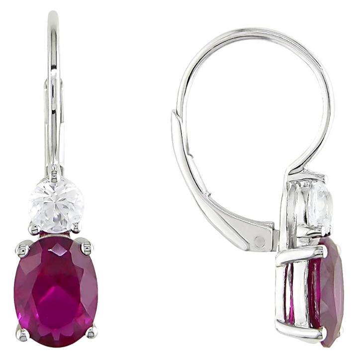No Brand Created Ruby And Created White Sapphire Leverback Earrings In Sterling Silver - Red/white, Red/red/blue