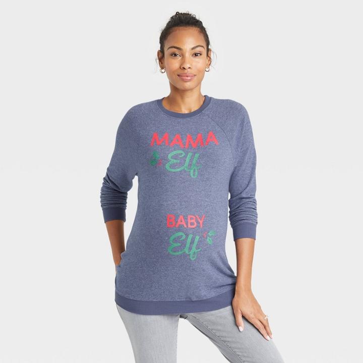 Mama Elf Baby Elf Graphic Maternity Sweatshirt - Isabel Maternity By Ingrid & Isabel Navy