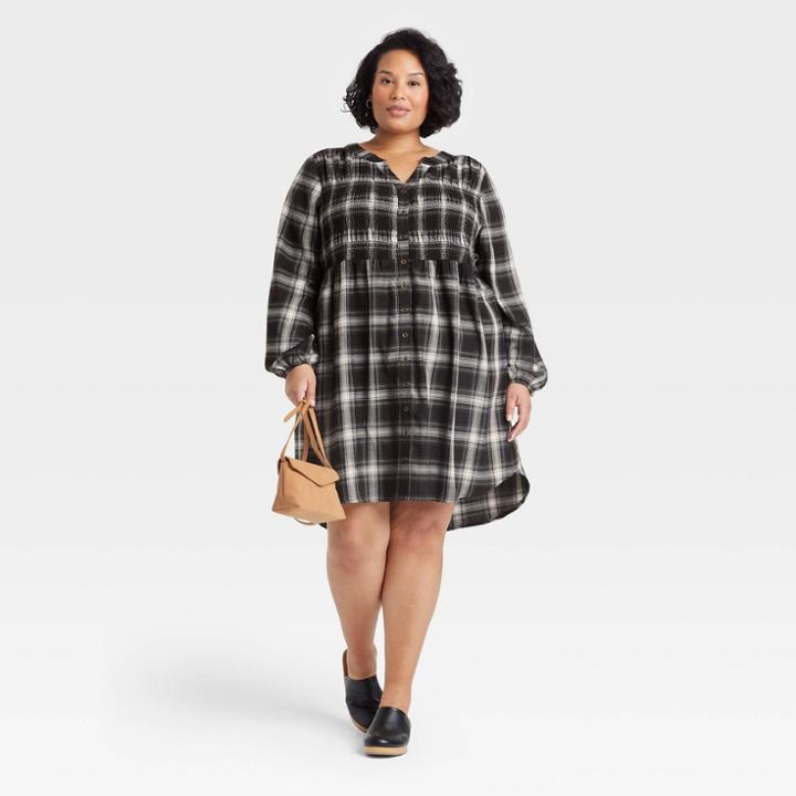 Women's Plus Size Long Sleeve Button-front Dress - Knox Rose Black Plaid