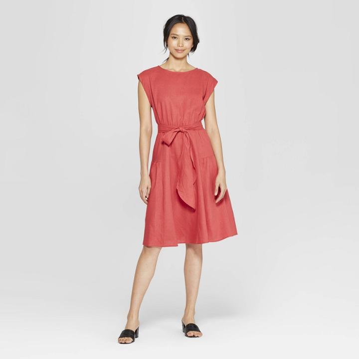 Women's Short Sleeve Crew Neck Tie Waist Dress - Who What Wear Red