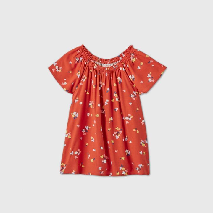 Girls' Short Sleeve Floral Print Woven Top - Cat & Jack Orange