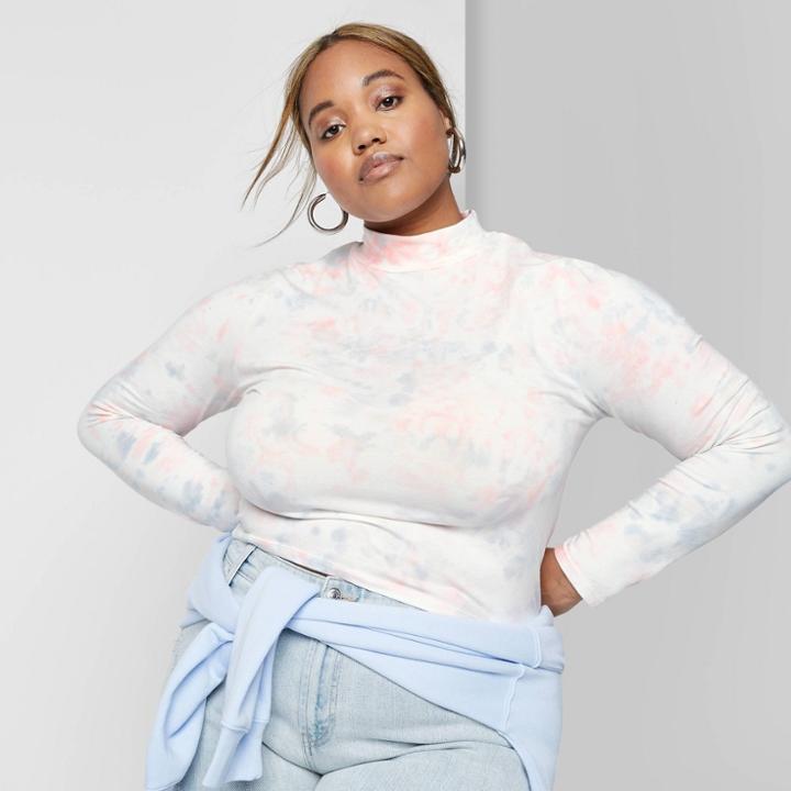 Women's Plus Size Long Sleeve Mock Turtleneck Cropped Top - Wild Fable White/pink 1x, Women's, Size: 1xl,