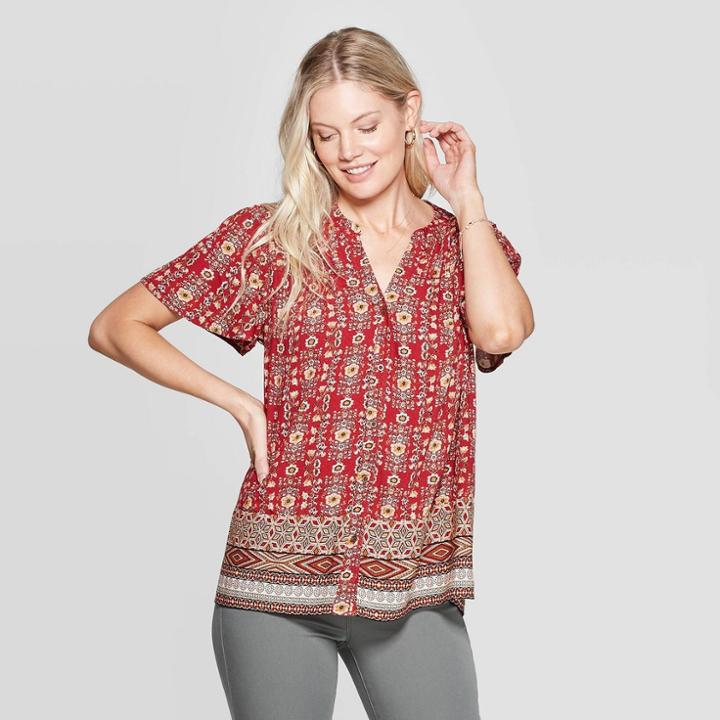 Women's Printed Short Sleeve V-neck Button-down Blouse - Knox Rose Red