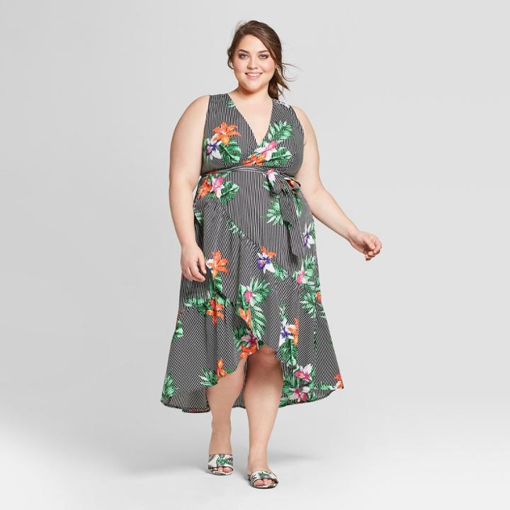 Women's Plus Size Striped Floral Print Sleeveless Ruffle Midi Wrap Dress - Who What Wear Black/white 2x, Black/white