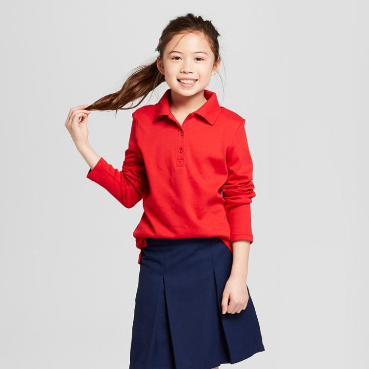 Girls' Long Sleeve Interlock Polo Shirt - Cat & Jack Red