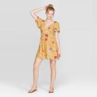 Women's Floral Print Short Sleeve V-neck Dress - Xhilaration Mustard (yellow)