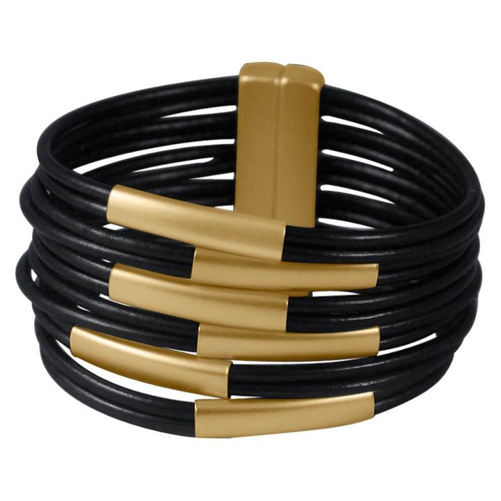 Zirconmania Zirconite Multi-strand Genuine Leather Cuff Bracelet With Tube Bars - Gold/dark Brown, Dark Chestnut